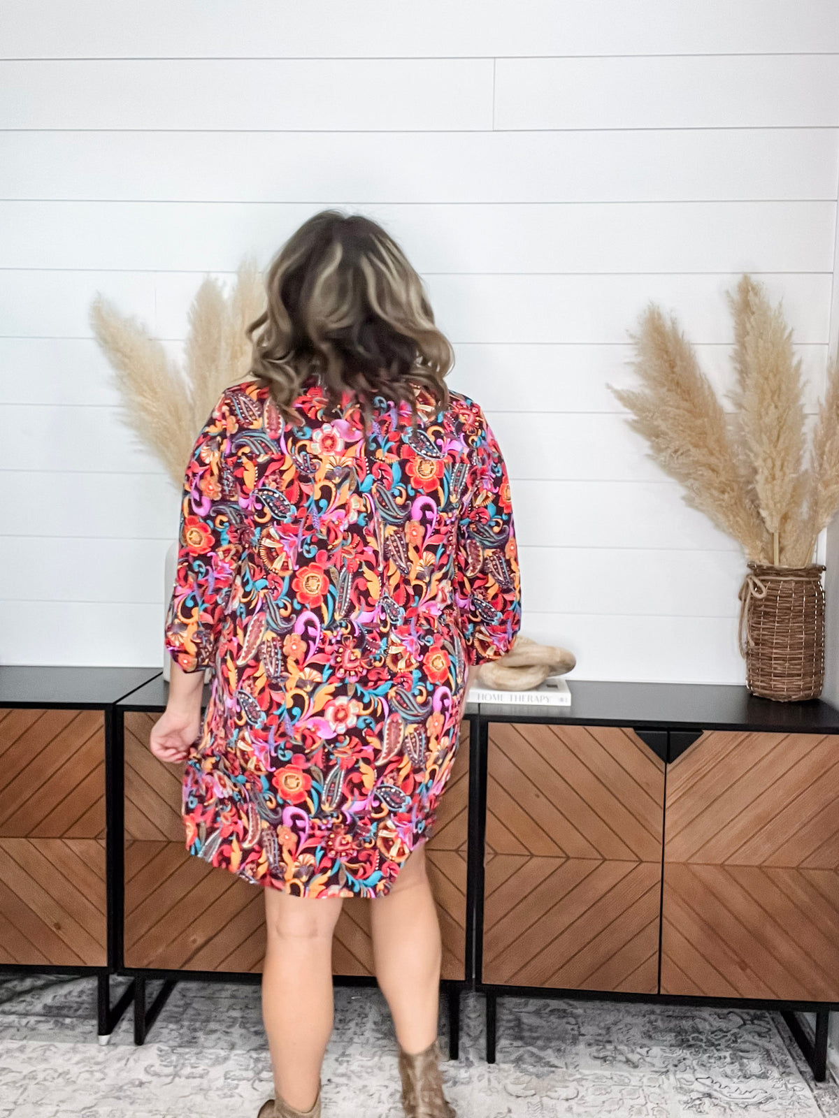 Dear Scarlett "Nitrogen" 3/4 Sleeve Split Neck Dress with Pockets