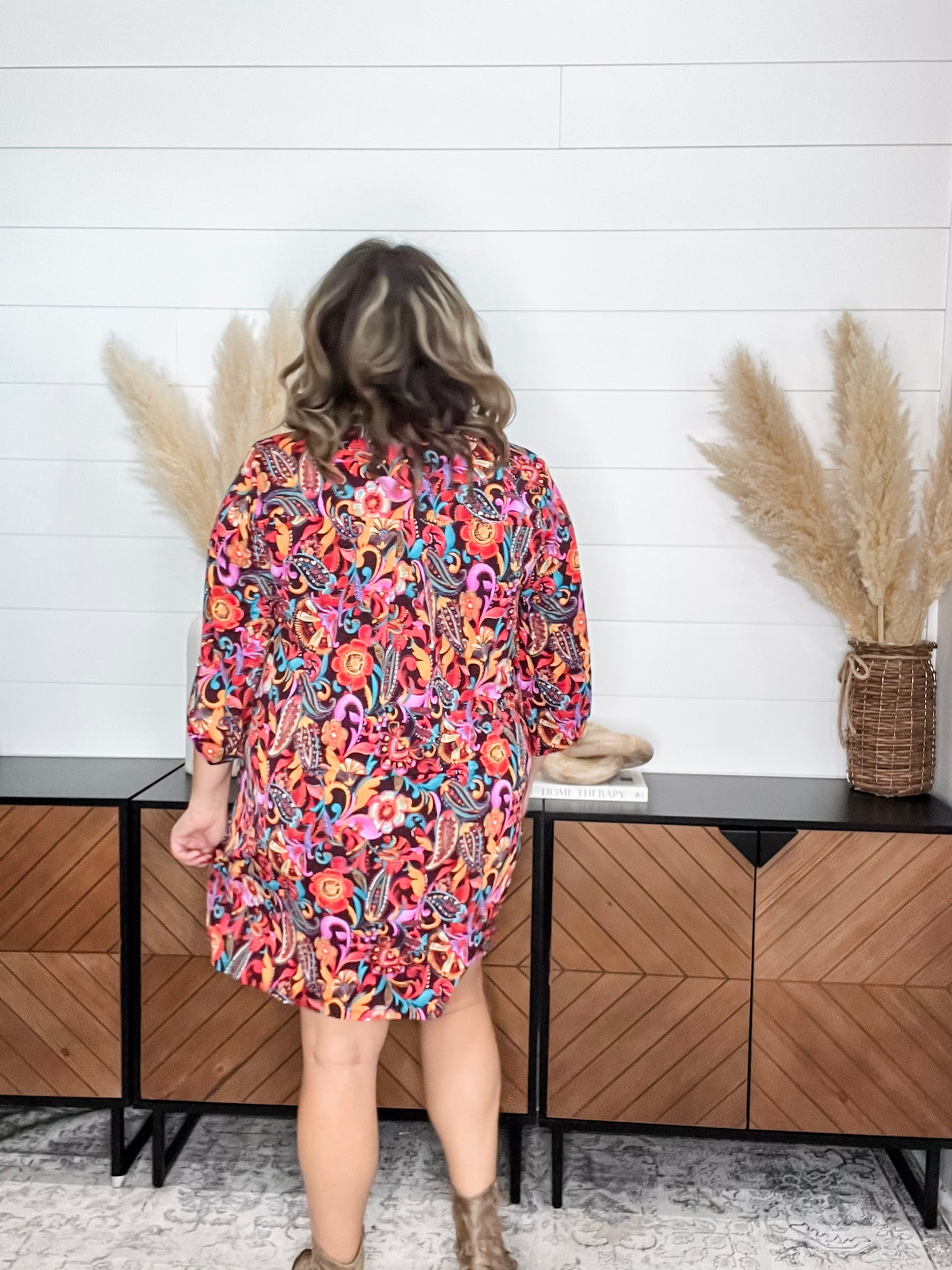 Dear Scarlett "Nitrogen" 3/4 Sleeve Split Neck Dress with Pockets