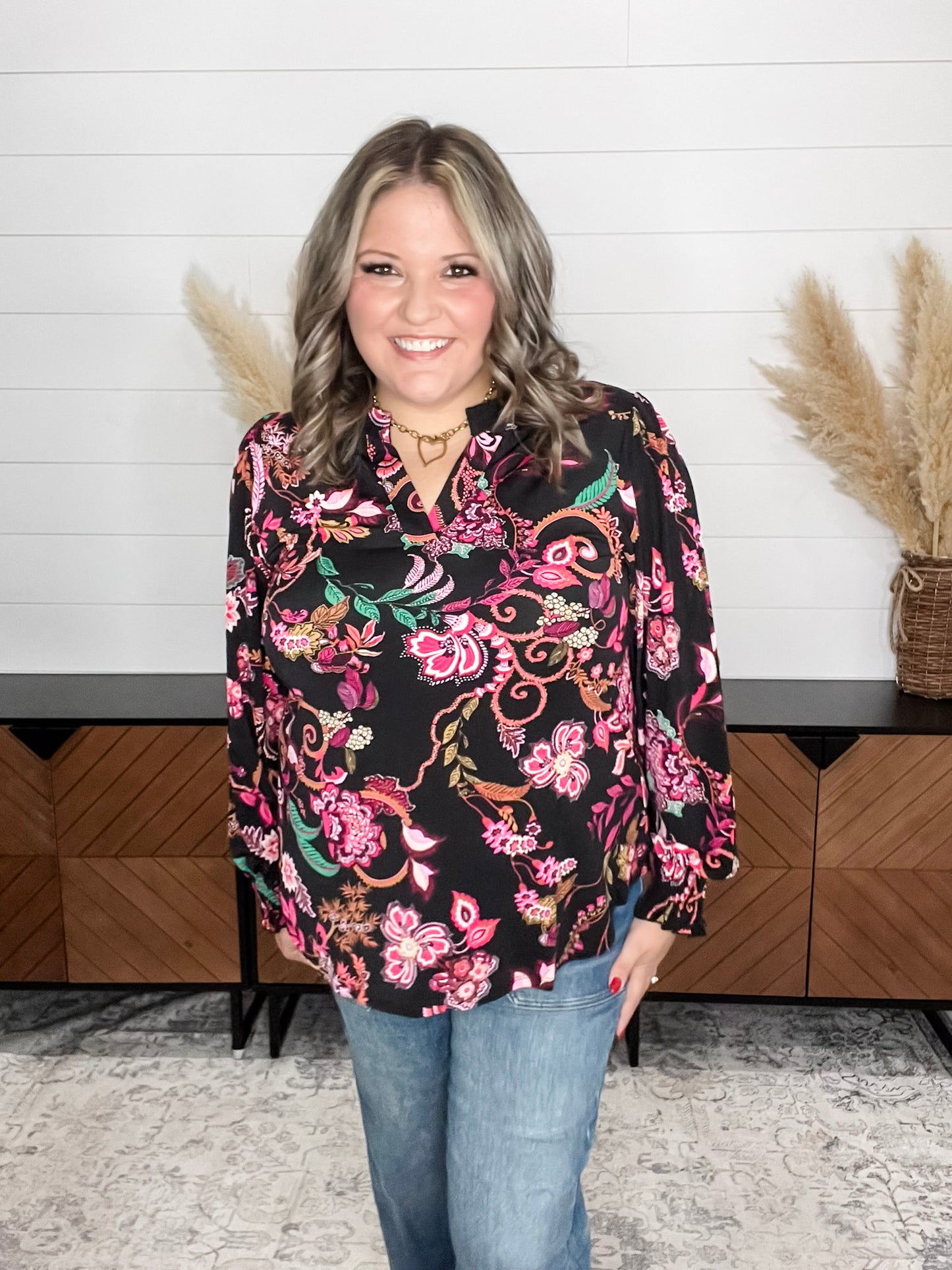 "Anniston" Smocked Wrist Long Sleeve Split Neck