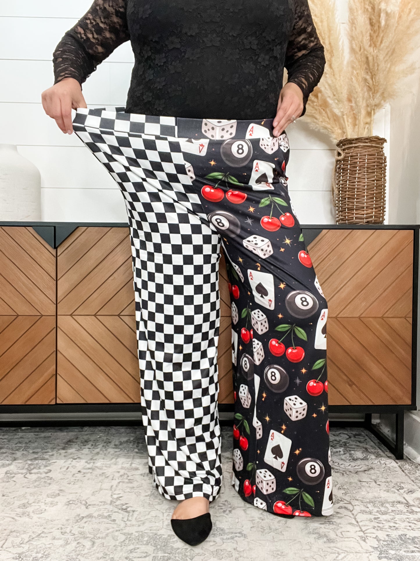 Black & White Checkered Print Meets Casino Night Printed Wide Leg Pants