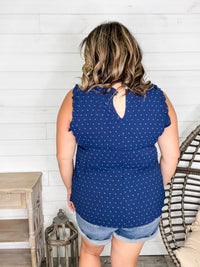 "Swiss Miss" Sleeveless Ruffle Cap and Collar with Back Button Detail (Navy)