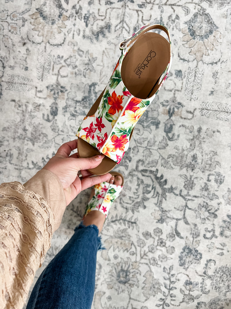 Corkys "Carley" Wedge Sandal (White Floral)