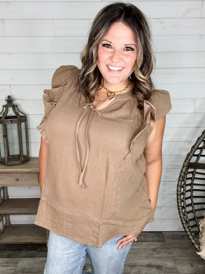 "Wheatland" Ruffle Cap V Neck with Tie Detail (Mocha)