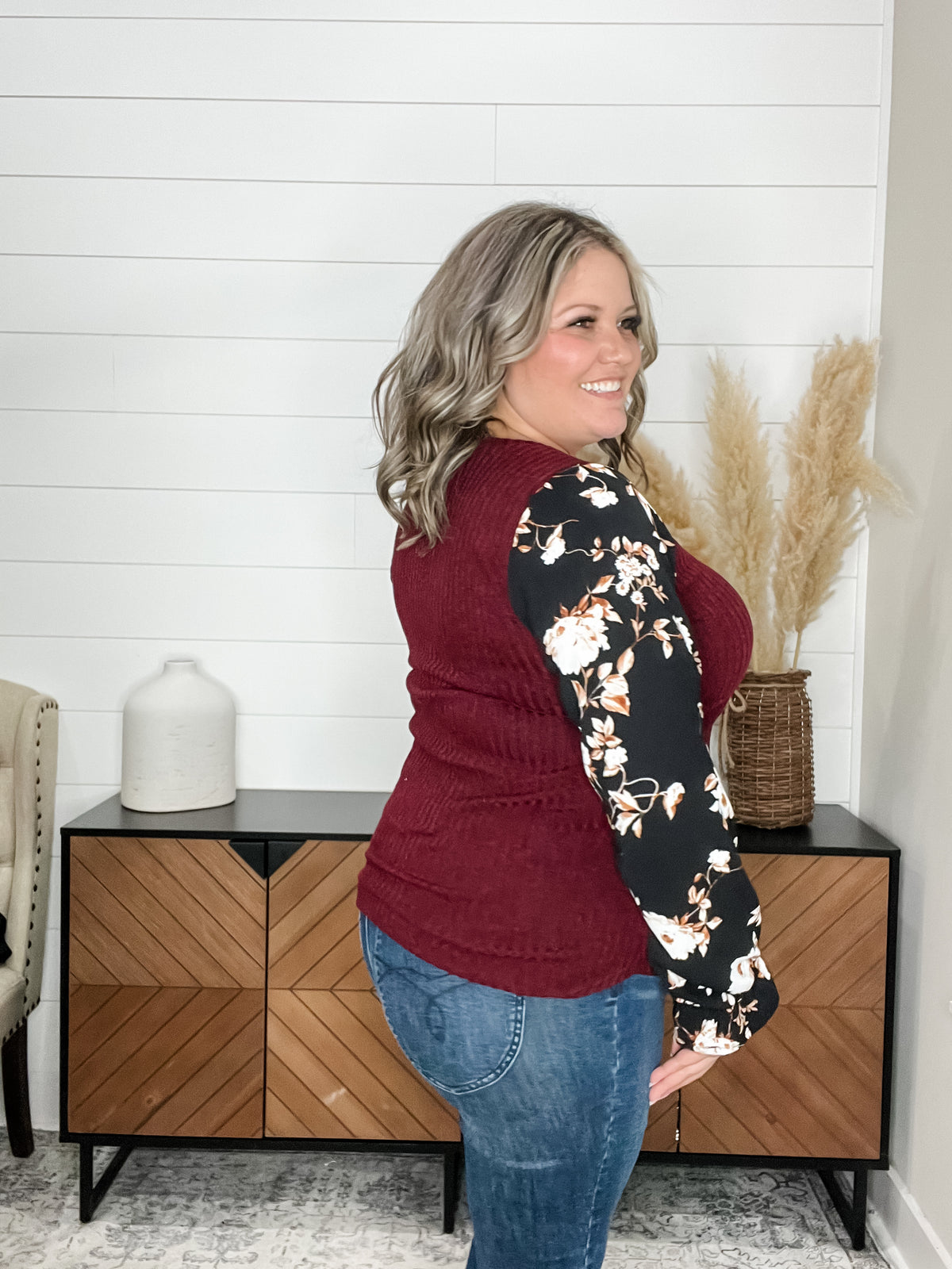 "Grateful" Ribbed Body Long Sleeve V Neck