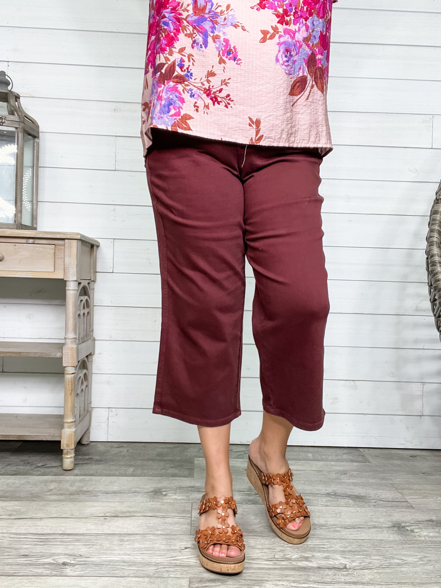 Judy Blue "Paul Bunyan" Tummy Control Oxblood Wide Leg Crops