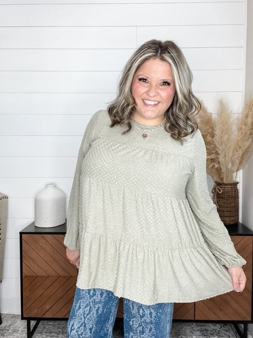 Heimish "Double Mint" Long SLeeve Swiss Dot Tiered Top - 95% Poly 5% Spandex, Long Sleeve | Lola Monroe Boutique