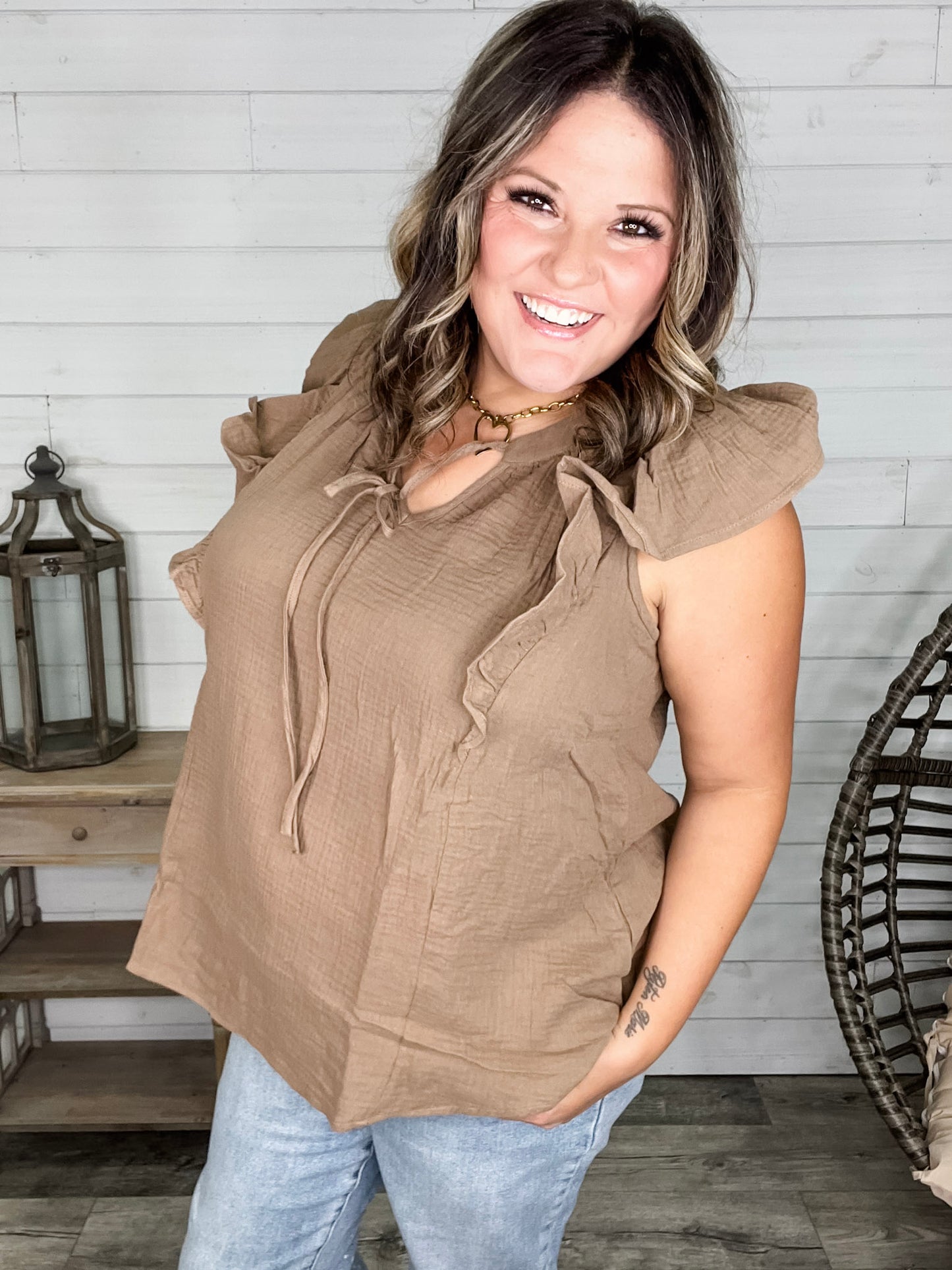 "Wheatland" Ruffle Cap V Neck with Tie Detail (Mocha)