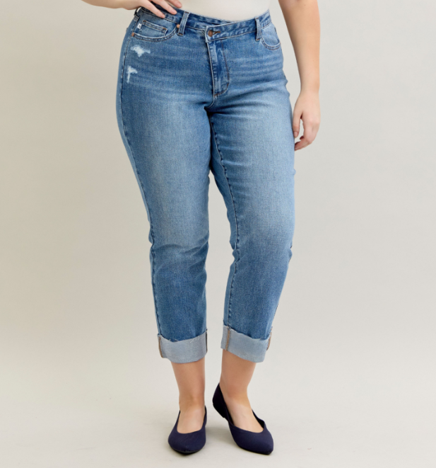 Judy Blue "Hastings" Cuffed Criss Cross Waist Boyfriend Jeans