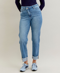 Judy Blue "Hastings" Cuffed Criss Cross Waist Boyfriend Jeans