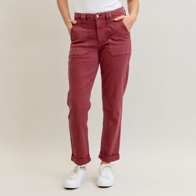 Judy Blue Aurora Burgundy Cuffed Weekender