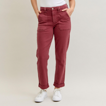 Judy Blue Aurora Burgundy Cuffed Weekender
