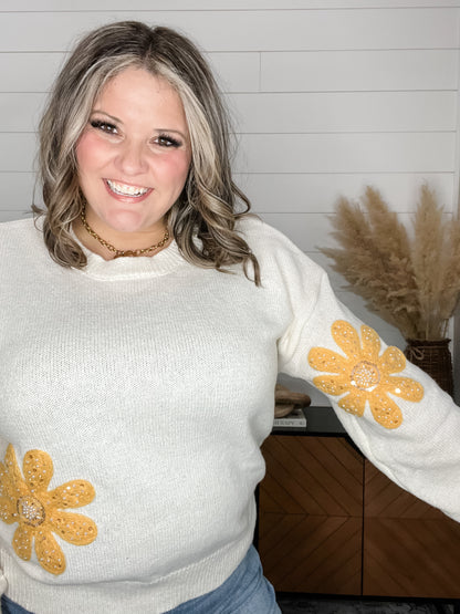 "Diego" Flower Accent Sweater with Jewel Embellishments