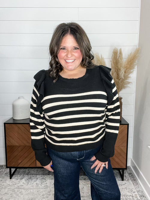 "Tish" Long Sleeve Ruffle Shoulder Sweater