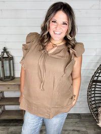 "Wheatland" Ruffle Cap V Neck with Tie Detail (Mocha)
