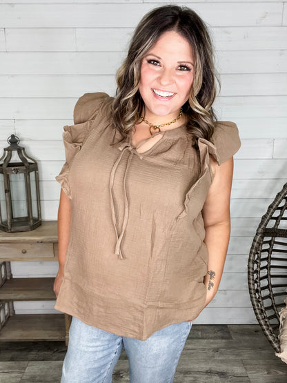 "Wheatland" Ruffle Cap V Neck with Tie Detail (Mocha)