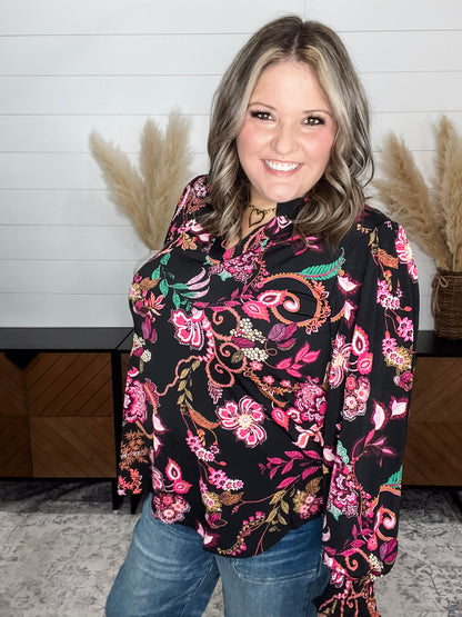 "Anniston" Smocked Wrist Long Sleeve Split Neck