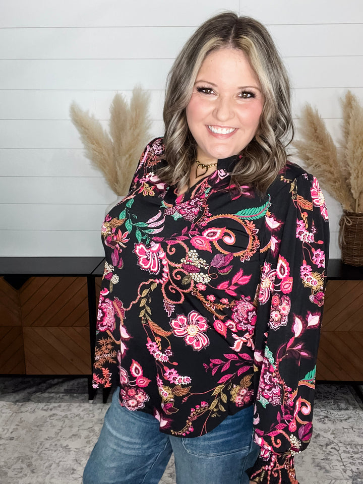 "Anniston" Smocked Wrist Long Sleeve Split Neck