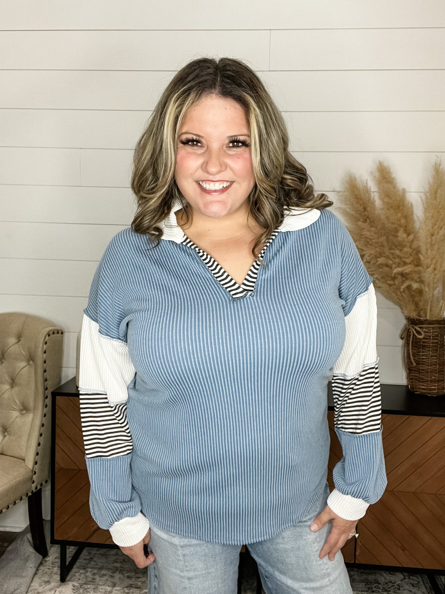 "Midtown" Long Sleeve Corded Split Neck