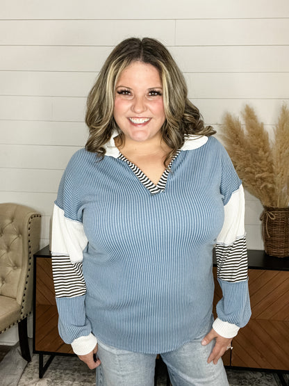 "Midtown" Long Sleeve Corded Split Neck