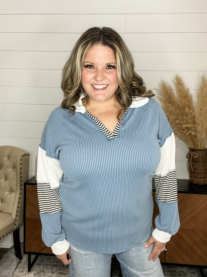"Midtown" Long Sleeve Corded Split Neck