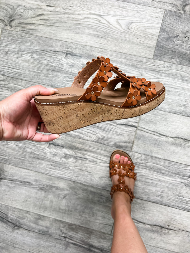 "Mic Drop" By Corkys Floral Embellished Slip on Wedge Sandal (Cognac)
