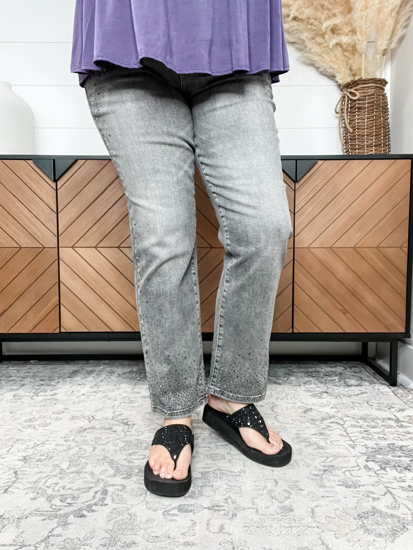 Judy Blue Grey Rhinestone Straight Leg Jeans