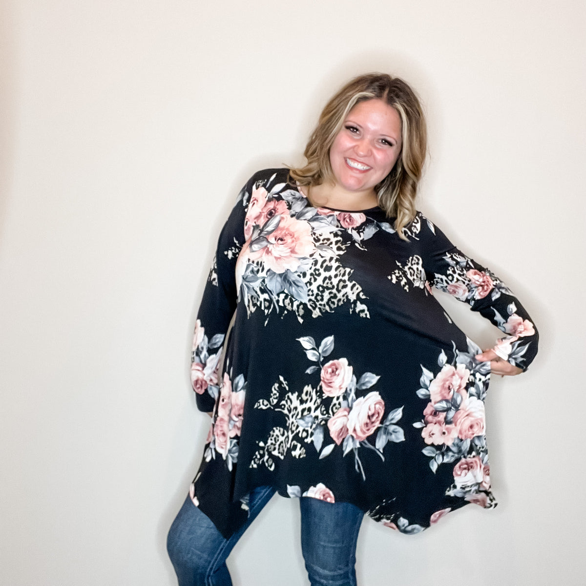 "Double Down" Floral and Animal Print Shark Bite Tunic with Pockets