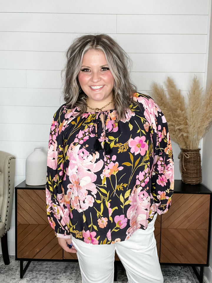 "Speak Up" Floral Long Sleeve Peassant Style with Front Tie