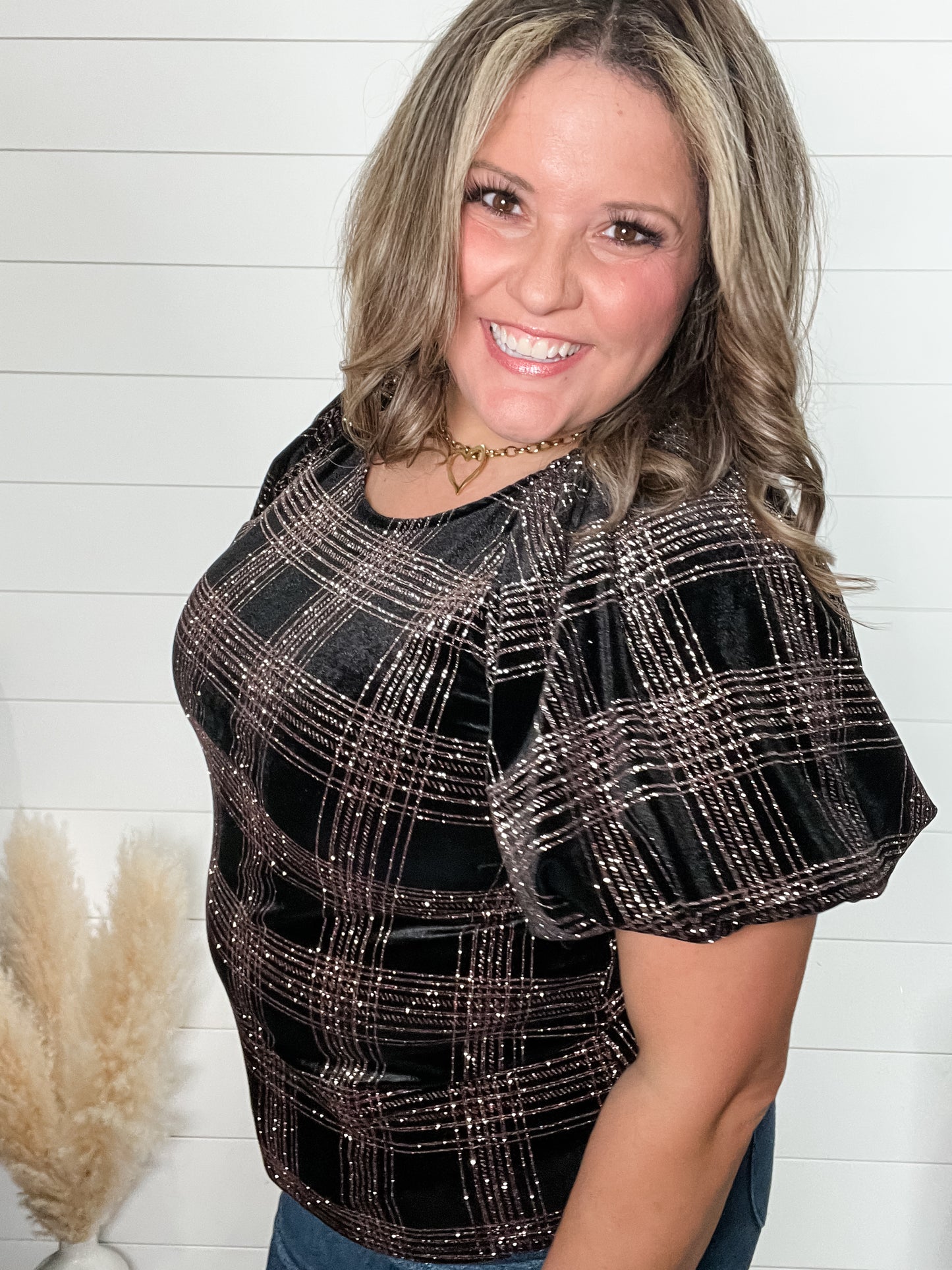 "Bright Lights"  Pink Glitter Velour Short Puff Sleeve