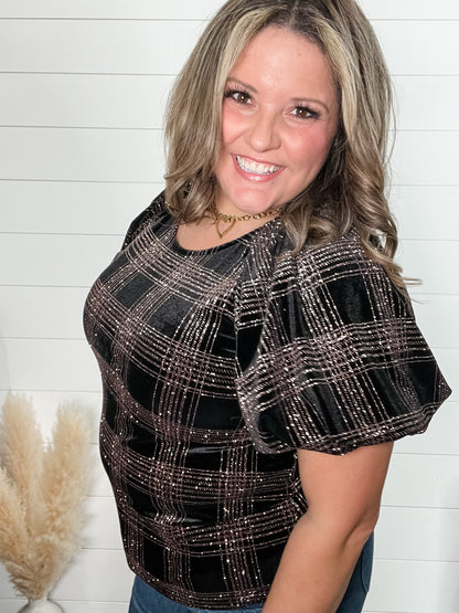 "Bright Lights"  Pink Glitter Velour Short Puff Sleeve