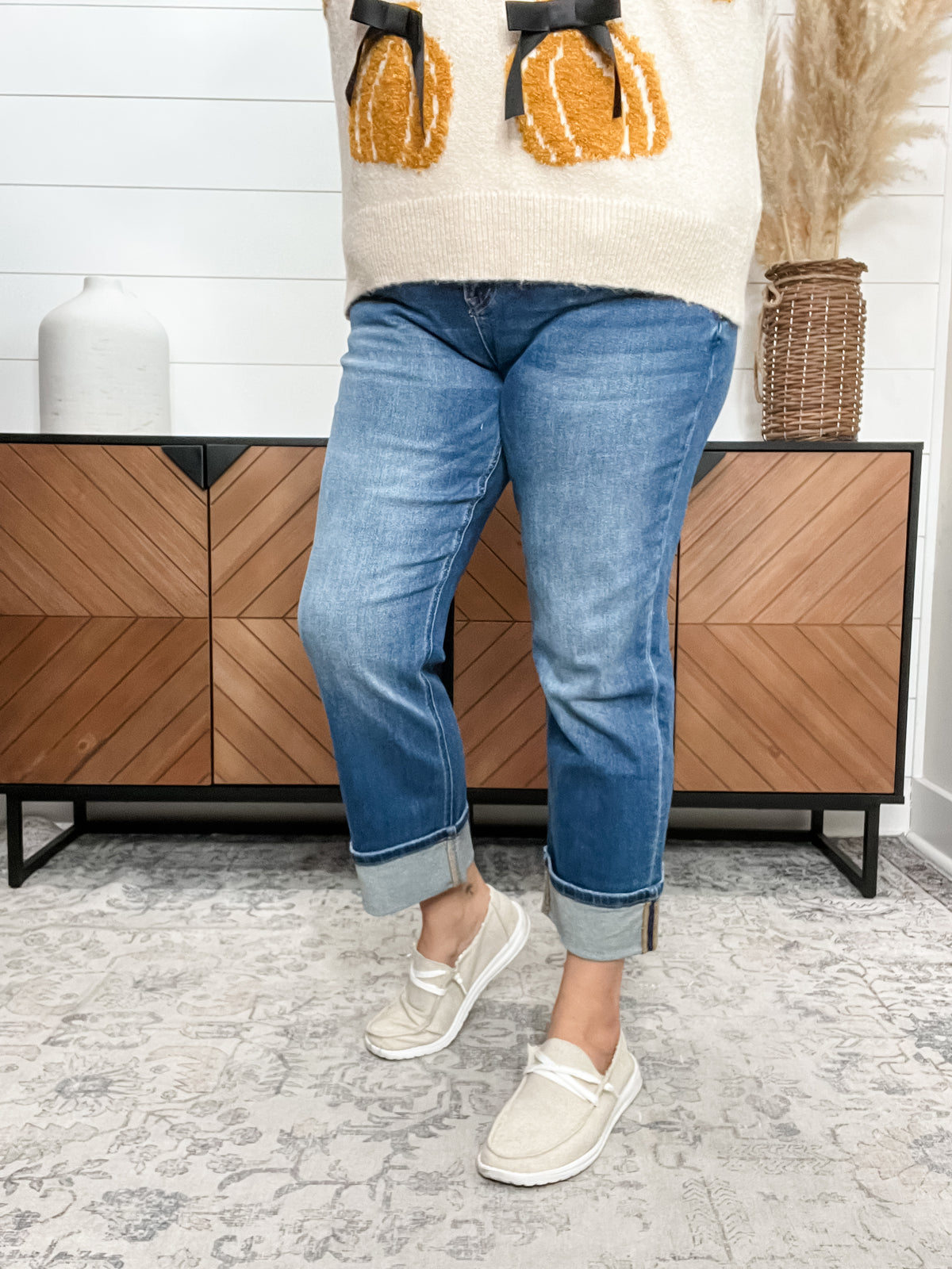Mica Denim "Jerry" Medium Wash Straight Leg Cuffed Jeans