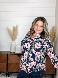 Dear Scarlett "It's Me Again" Floral Print Lizzy 3/4 Sleeve Split Neck