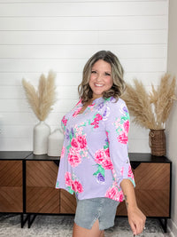 Dear Scarlett "Prelude" Floral Lizzy 3/4 Sleeve Split Neck Tops