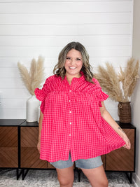 "Picnic Style" Ruffle Short Sleeve Button Up