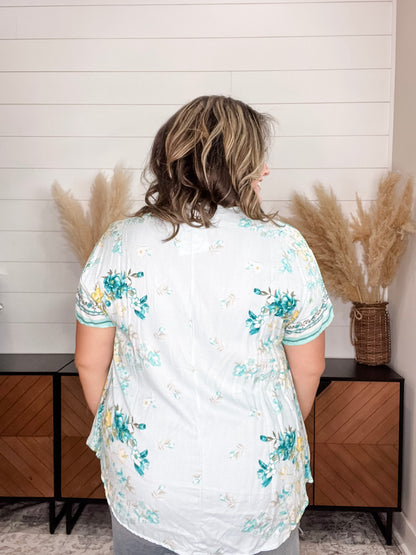 "Miriam" Floral Boxy Short Sleeve Hi Low U Neck