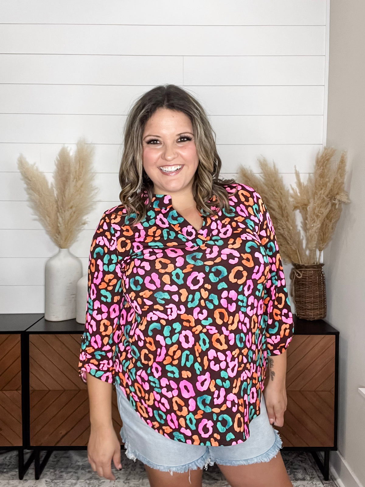 Dear Scarlett "Hastings" Animal Print Lizzy 3/4 Sleeve Split Neck