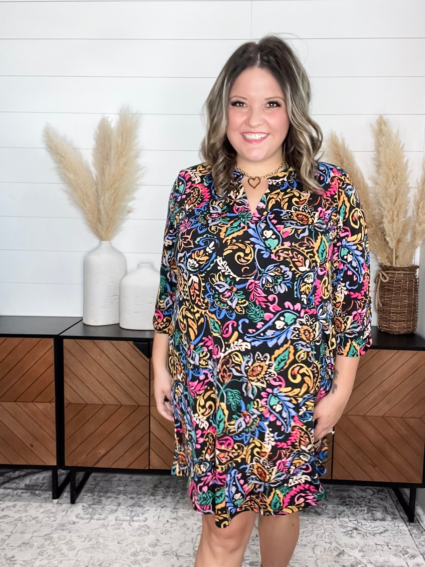 Dear Scarlett "Phosphorus" 3/4 Sleeve Split Neck Dress with Pockets