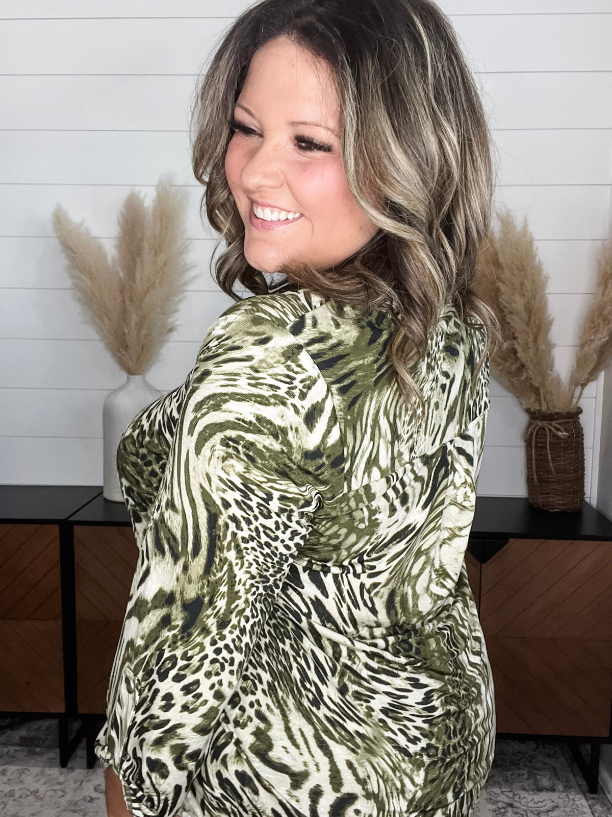Dear Scarlett "Beliefs" Animal Print Lizzy 3/4 Sleeve Split Neck