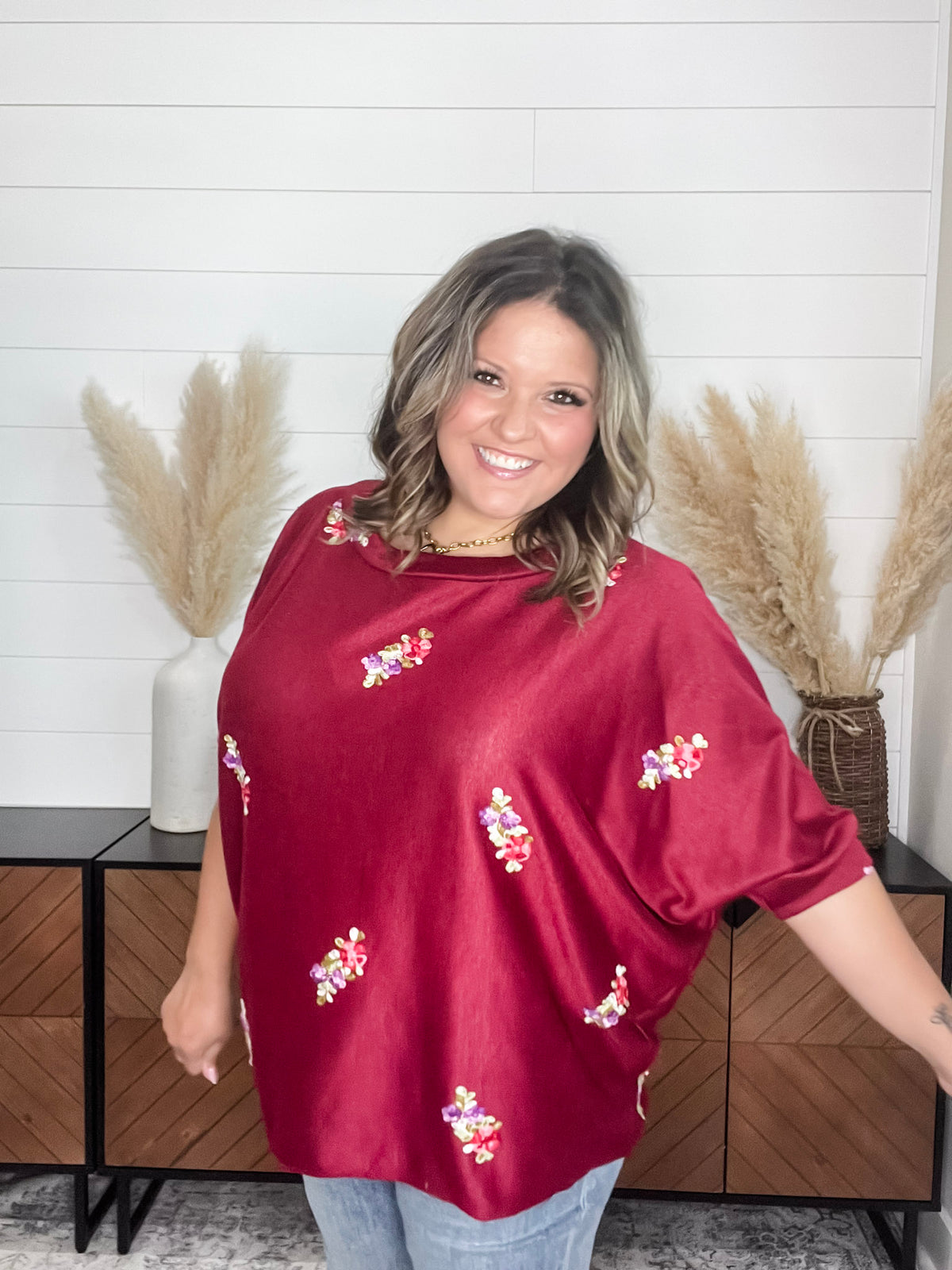 Dear Scarlett "Deceptive" Floral Embroidered Short Sleeve Dolman with Cuff and Collar (Wine)