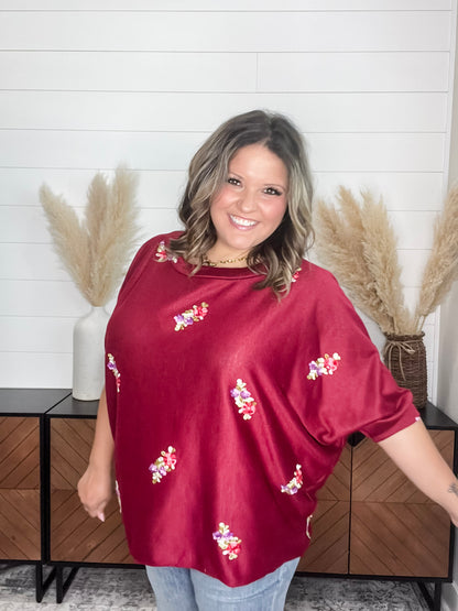 "Deceptive" Floral Embroidered Short Sleeve Dolman with Cuff and Collar (Wine)