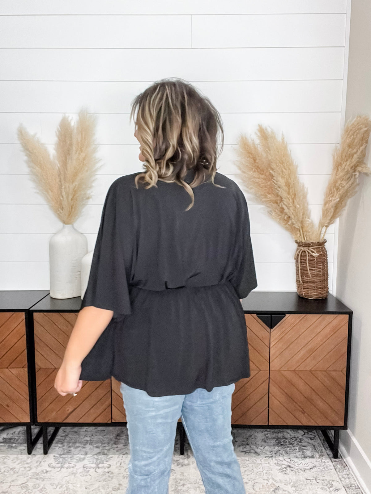Dear Scarlett "Here We Go Again" V Neck 3/4 Bell Sleeve (Black)