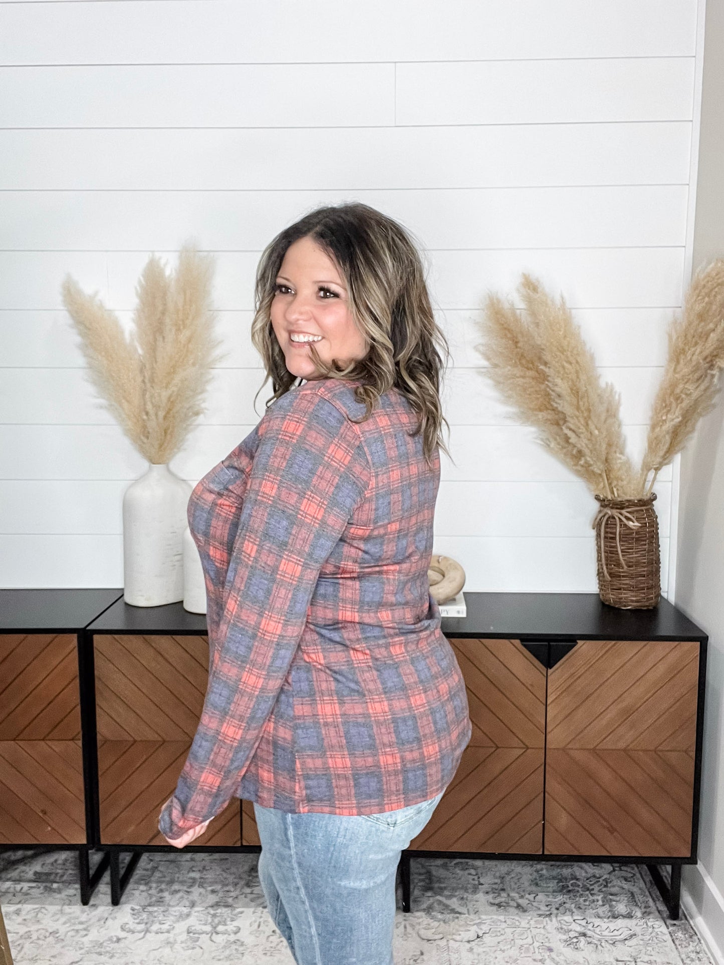 "In To It" Long Sleeve Plaid V Neck with Chest Pocket