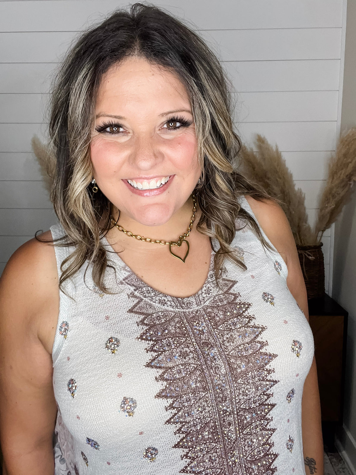 "It's A Date" Bejeweled with Lace Inserts V Neck Tank Top