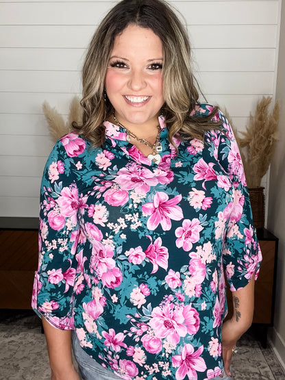 "Bystander" Floral Lizzy 3/4 Sleeve Split Neck