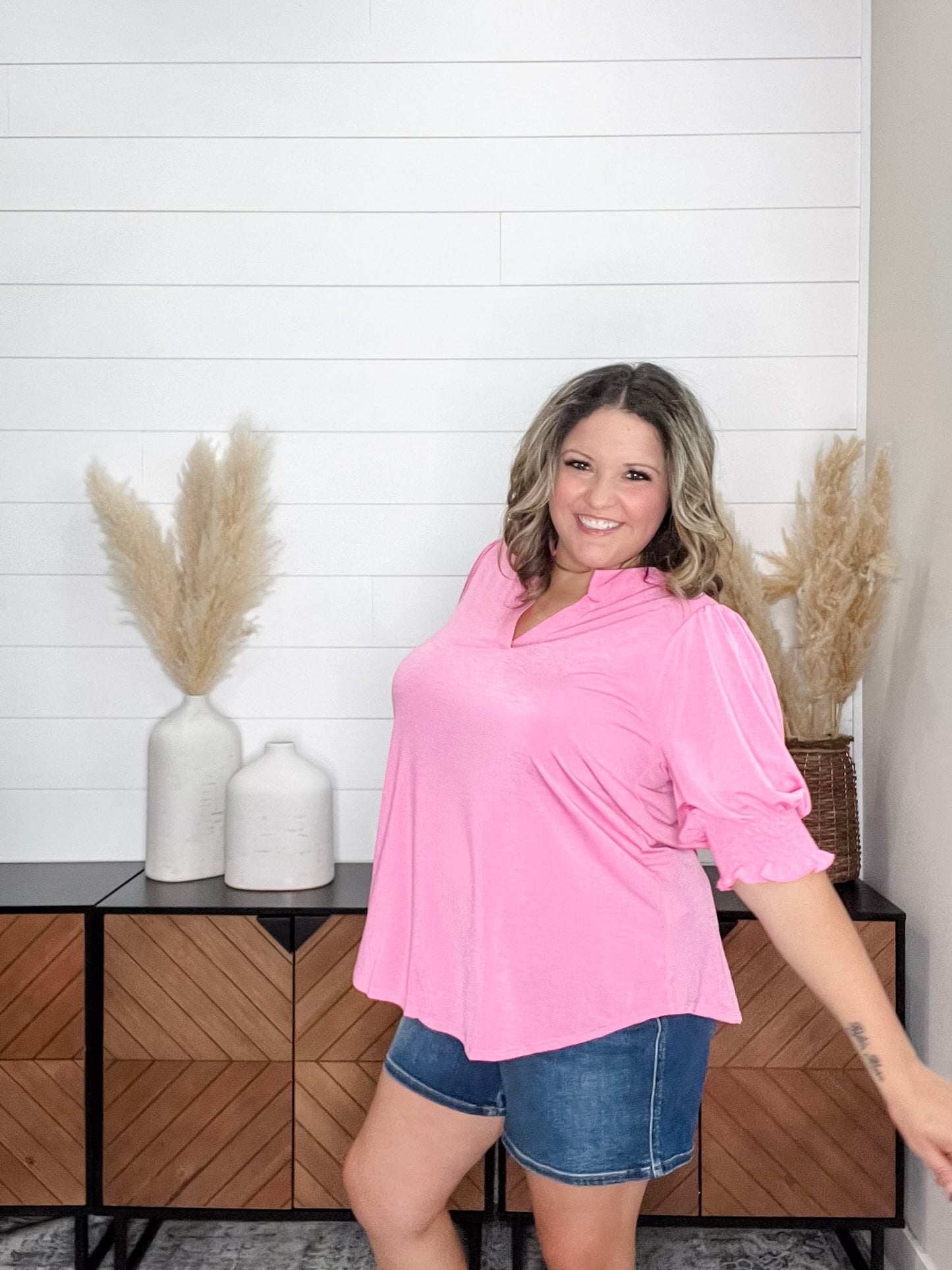 "Shocking" 3/4 Smocked Sleeve Split Neck (Pink)