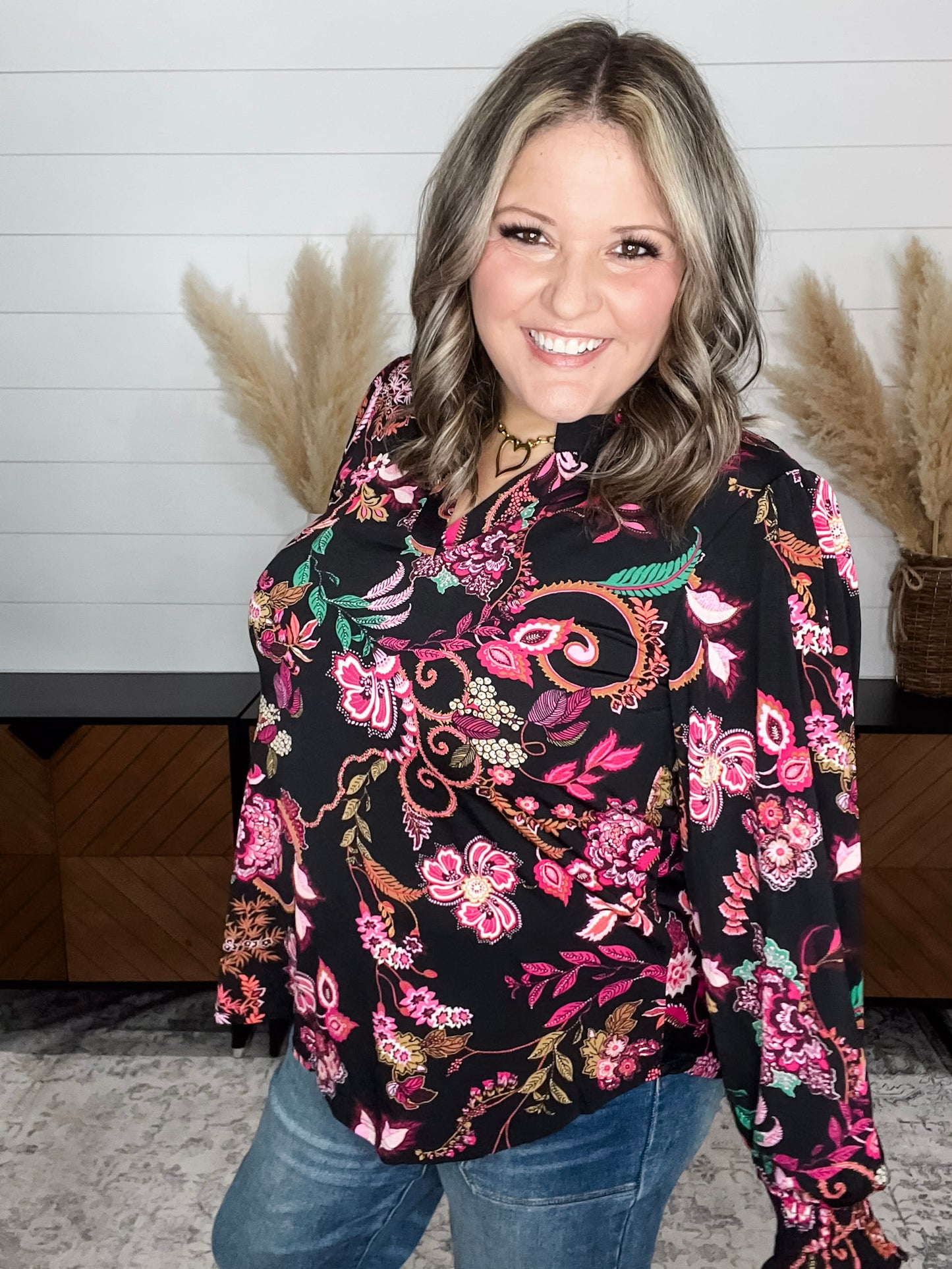 "Anniston" Smocked Wrist Long Sleeve Split Neck