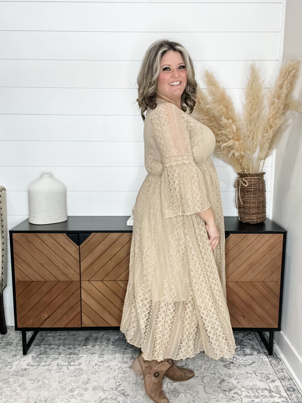 "Country In The Park" Long Sleeve V Neck Lace Dress (Taupe)