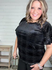 "Chimney" Glitter Velour Short Puff Sleeve Black on Black Plaid