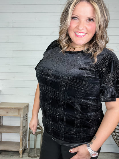 "Chimney" Glitter Velour Short Puff Sleeve Black on Black Plaid