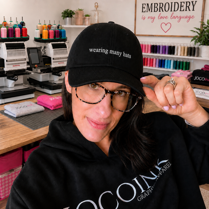 JOCOink wearing many hats embroidered black dad hat | Lola Monroe Boutique